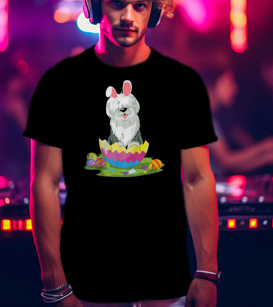 Old English Sheepdog Bunny Ears Easter Egg Scene T-Shirt