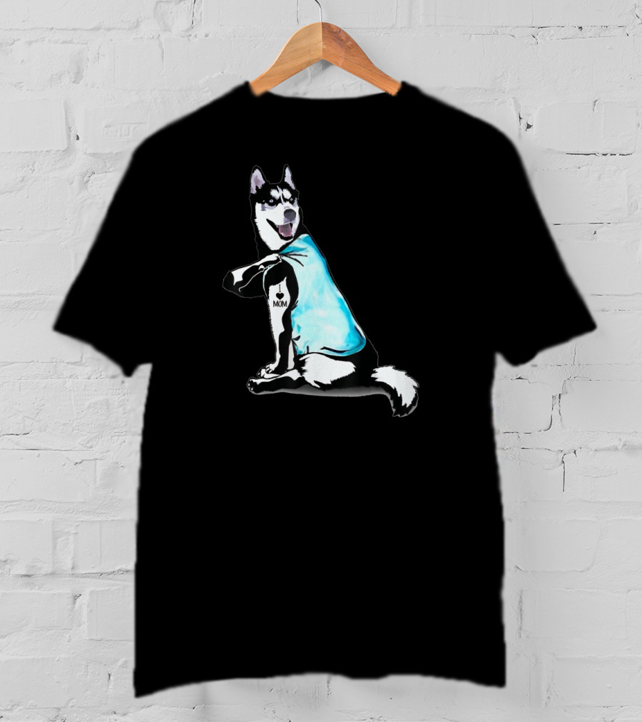Siberian Husky I Love Mom Tattoo Blue T-Shirt