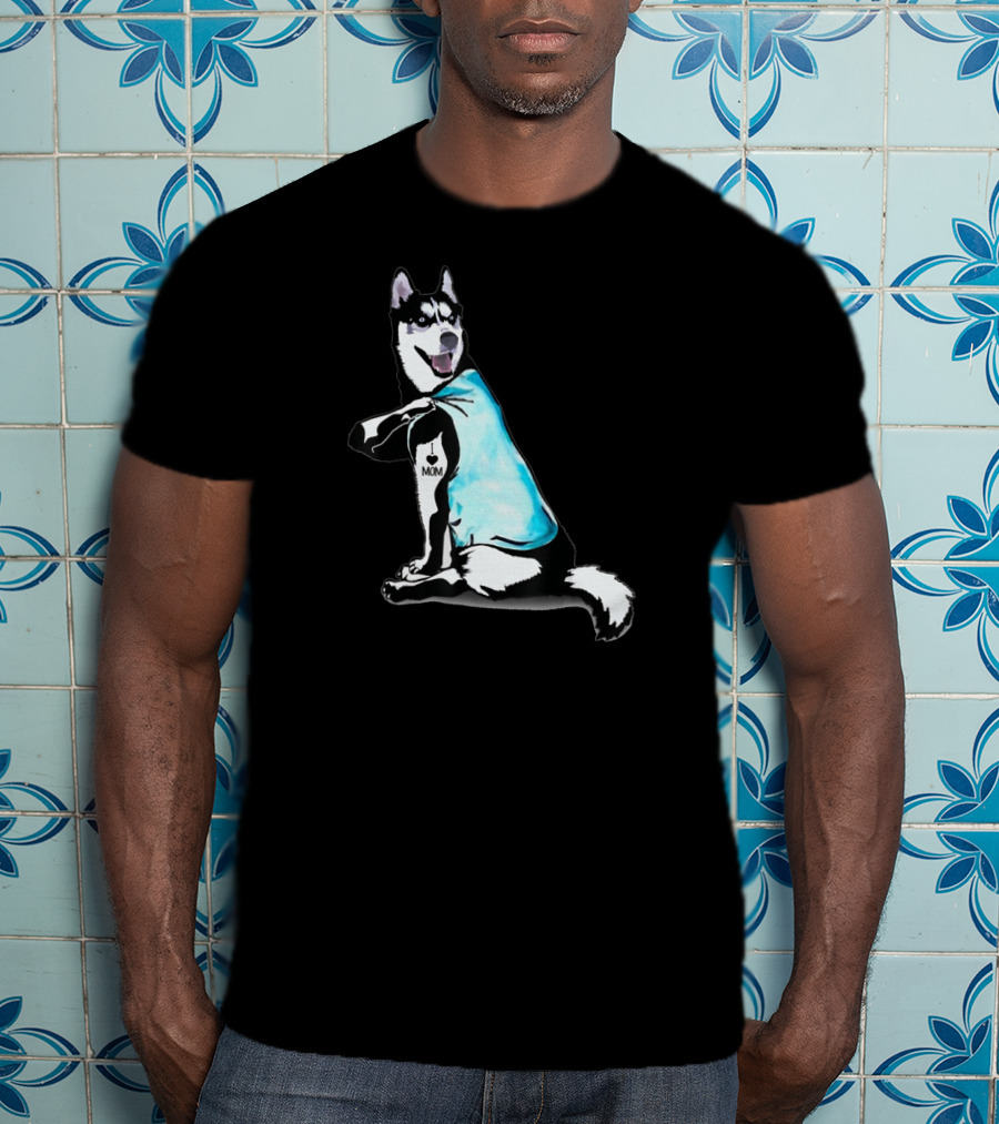 Siberian Husky I Love Mom Tattoo Blue T-Shirt