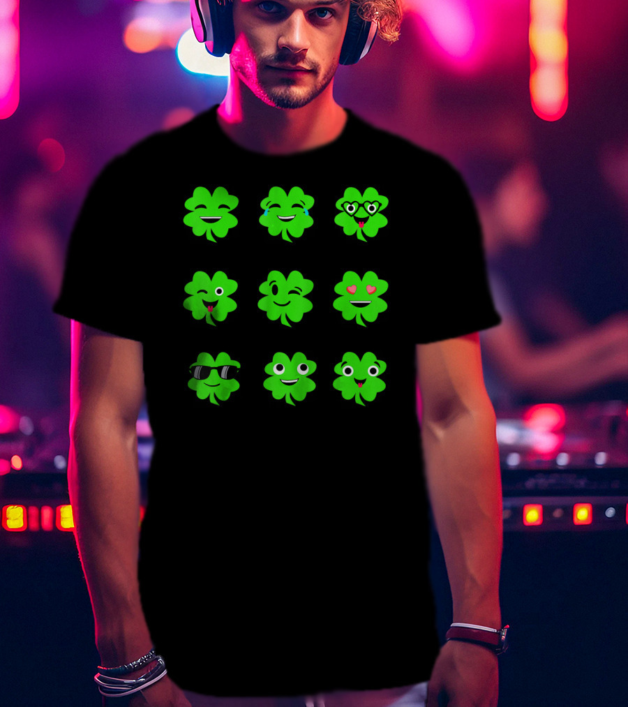 St Patricks Day Irish Shamrock Emoji Faces With Heart Eyes And Sunglasses T-Shirt