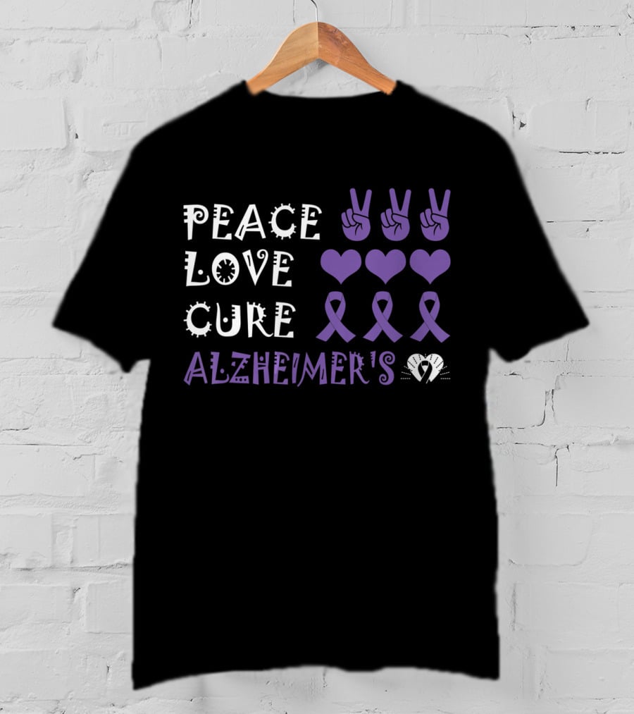Peace Love Cure Alzheimer's Purple Ribbons Hearts And Peace Signs T-Shirt
