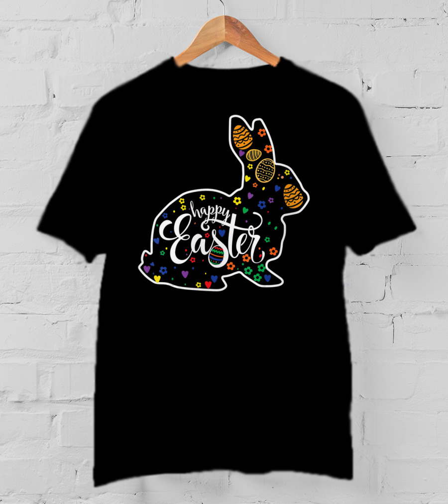 Happy Easter Colorful Bunny With Eggs And Flowers T-Shirt