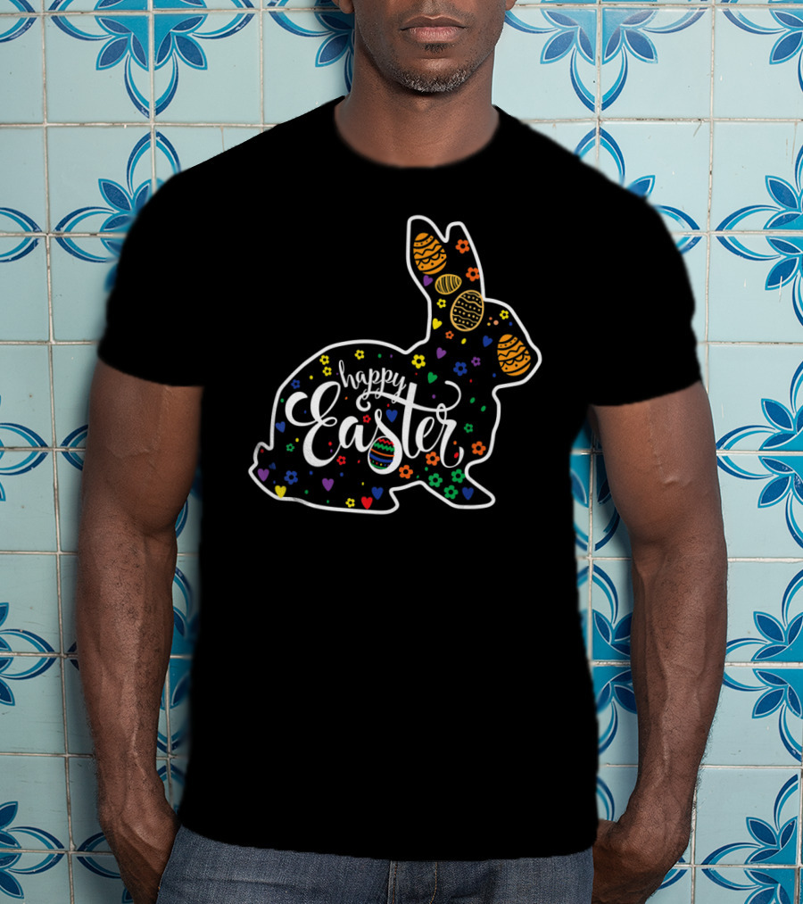 Happy Easter Colorful Bunny With Eggs And Flowers T-Shirt