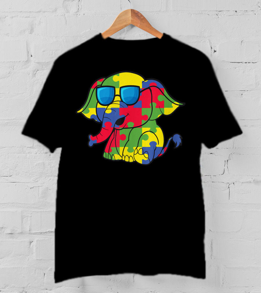 Autism Awareness Puzzle Pattern Elephant With Sunglasses T-Shirt