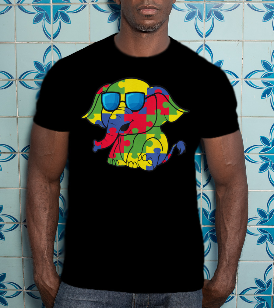 Autism Awareness Puzzle Pattern Elephant With Sunglasses T-Shirt