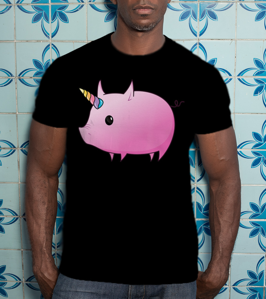 Unicorn Pig Rainbow Horn Adorable Cartoon Character T-Shirt