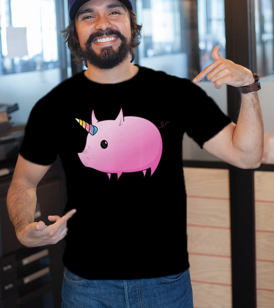 Unicorn Pig Rainbow Horn Adorable Cartoon Character T-Shirt