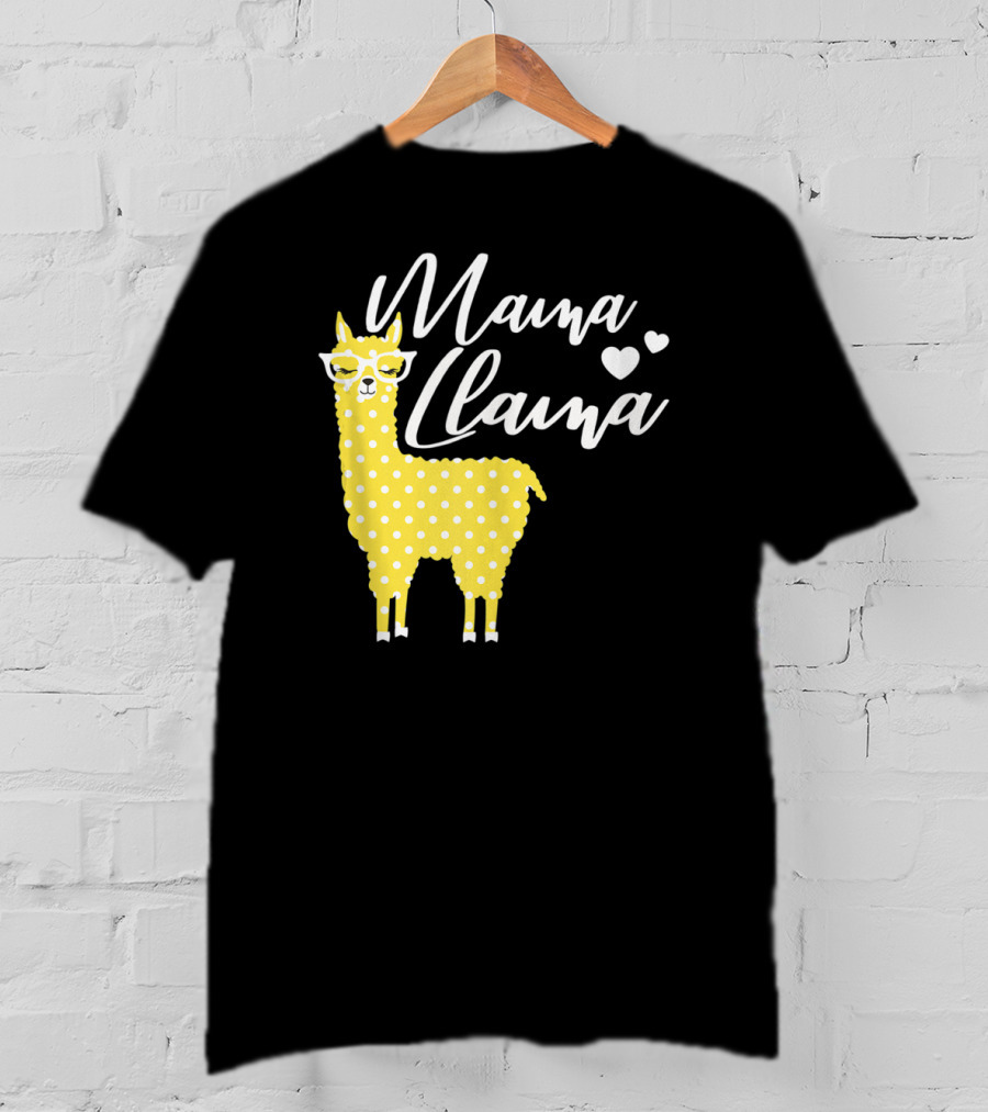 Mama Llama Yellow Polka Dots With Glasses And Hearts T-Shirt