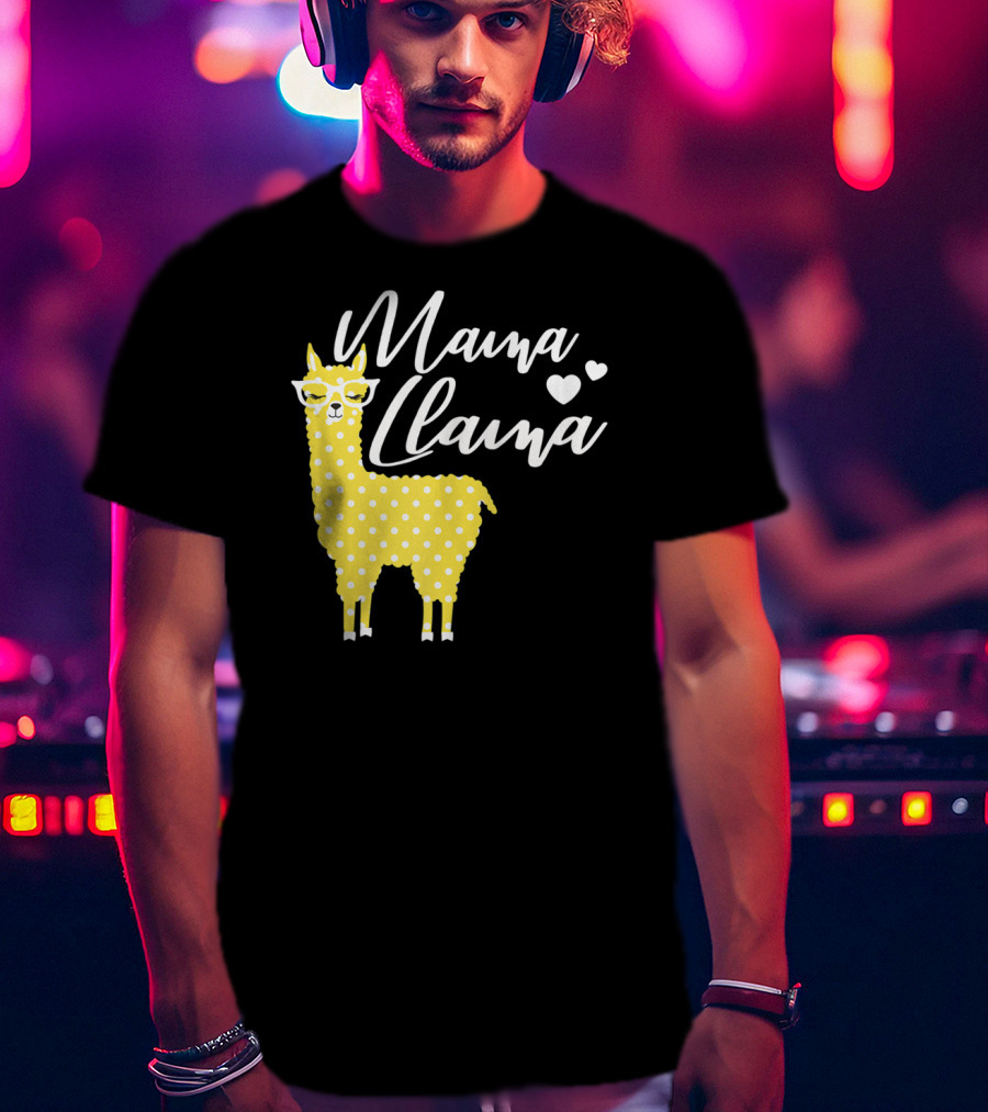 Mama Llama Yellow Polka Dots With Glasses And Hearts T-Shirt