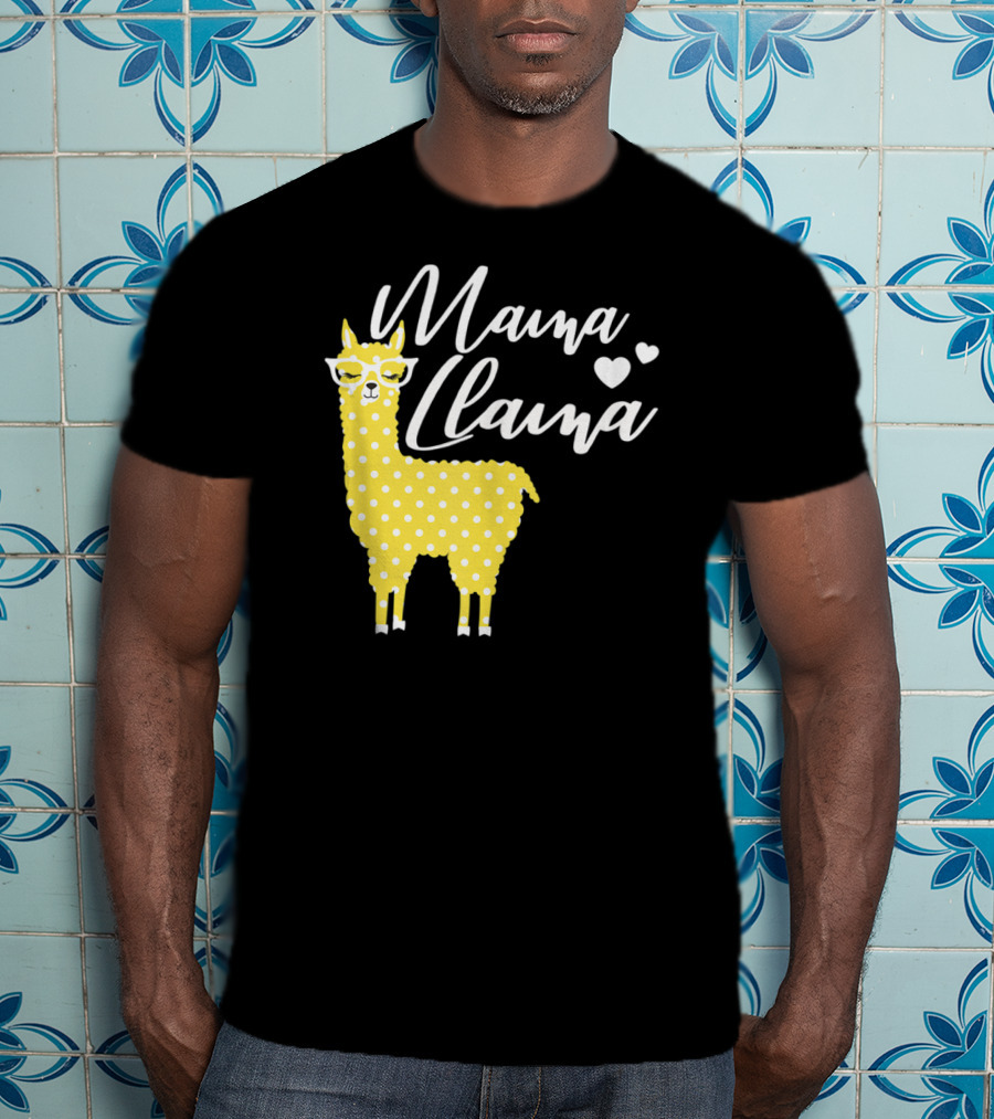 Mama Llama Yellow Polka Dots With Glasses And Hearts T-Shirt