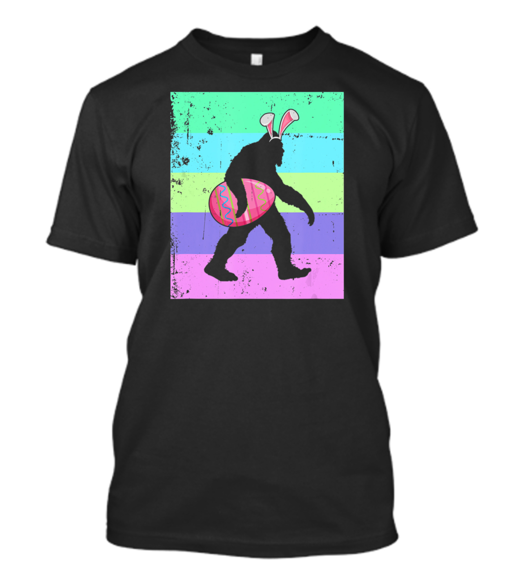 Retro Bigfoot Easter Bunny With Egg Rainbow Stripes T-Shirt