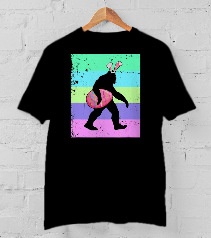 Retro Bigfoot Easter Bunny With Egg Rainbow Stripes T-Shirt