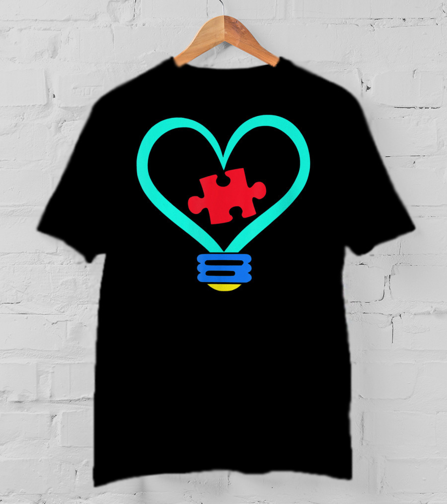 Lightbulb With Heart And Autism Puzzle Piece T-Shirt
