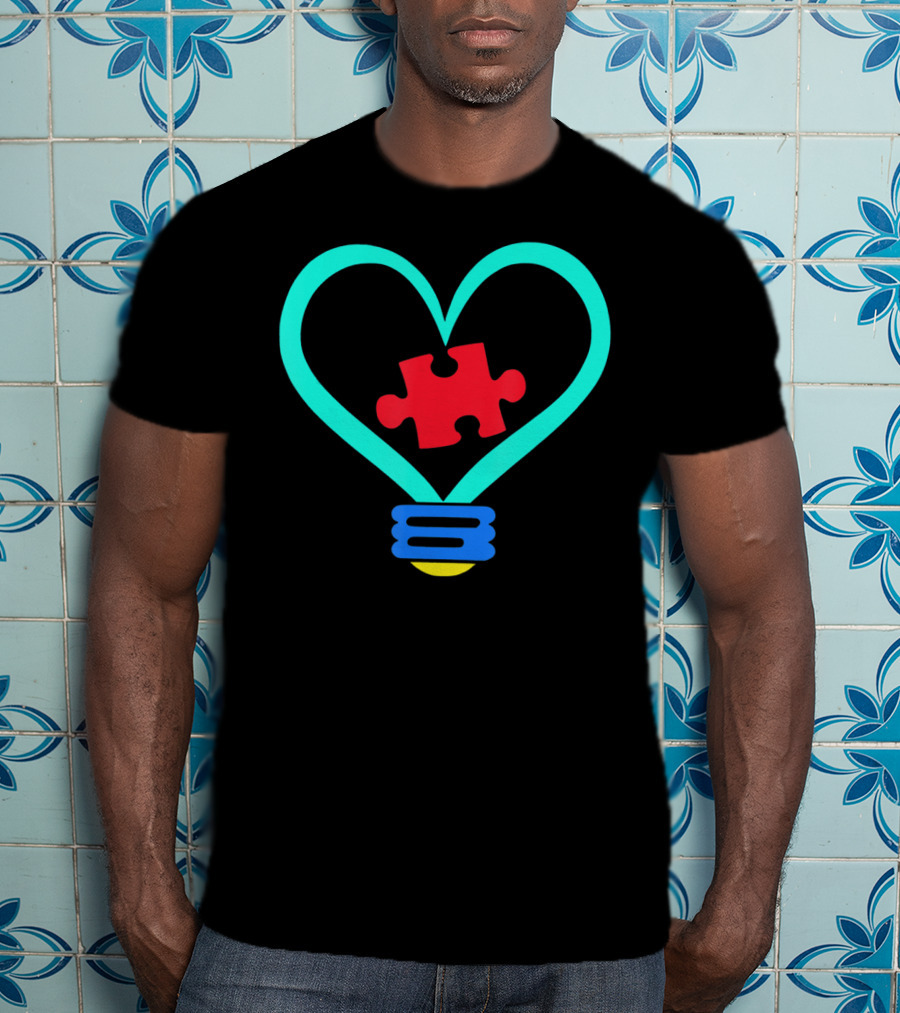Lightbulb With Heart And Autism Puzzle Piece T-Shirt