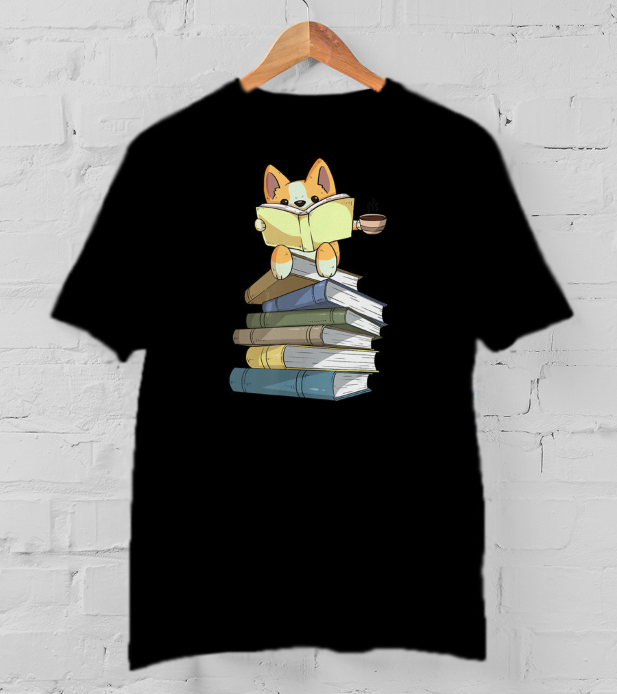 Corgi Sitting On Book Stack With Coffee And Reading Book T-Shirt