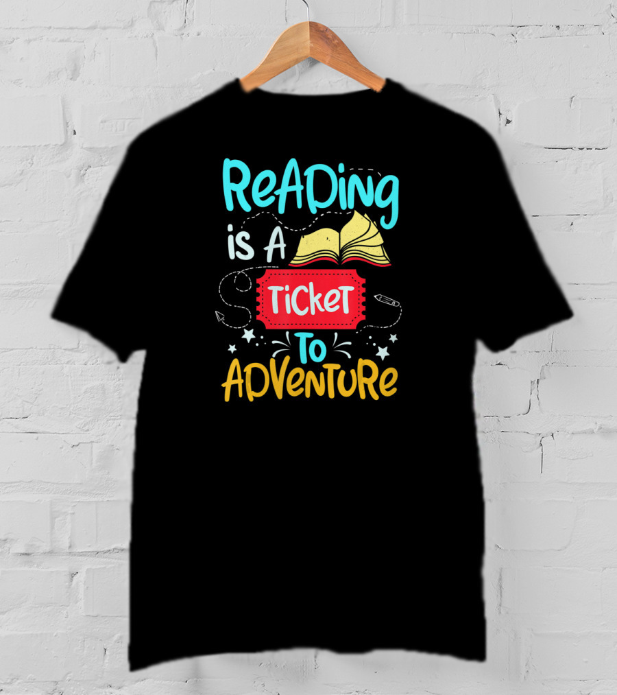 Reading Is A Ticket To Adventure Book Open Pages Stars Pencils T-Shirt