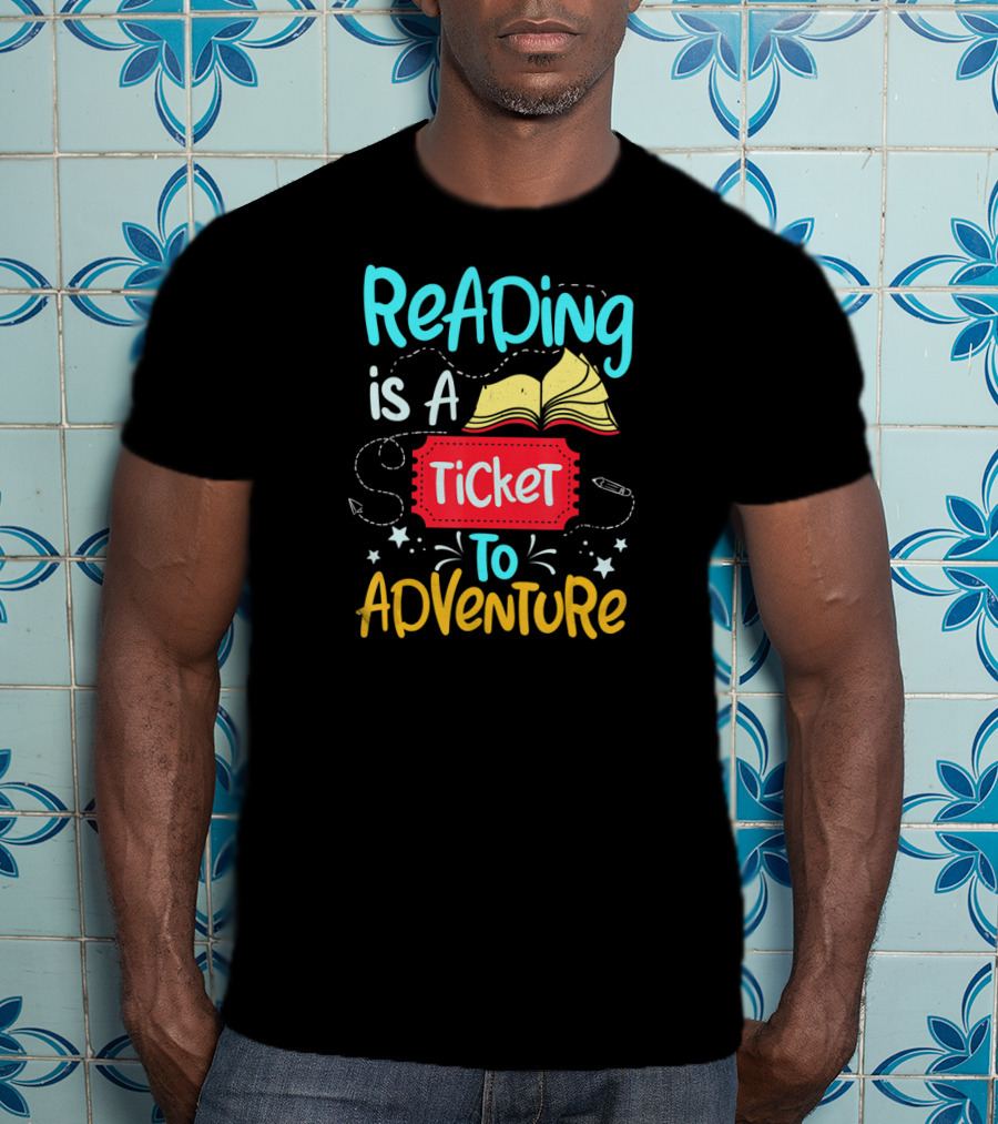 Reading Is A Ticket To Adventure Book Open Pages Stars Pencils T-Shirt