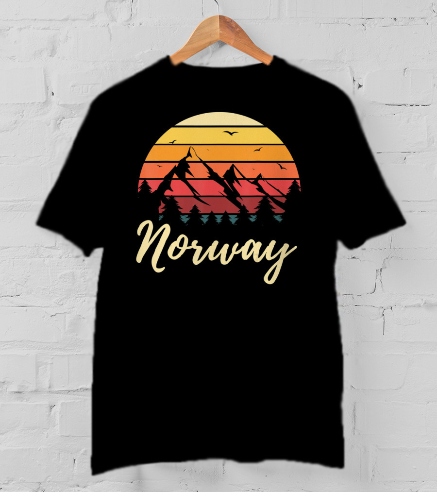 Retro Norway Mountain Sunset Landscape With Pine Trees And Birds T-Shirt