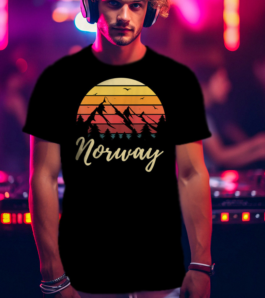 Retro Norway Mountain Sunset Landscape With Pine Trees And Birds T-Shirt