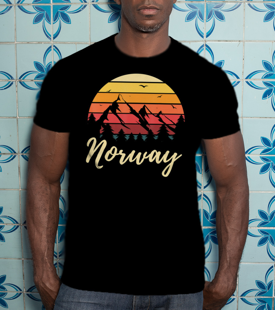 Retro Norway Mountain Sunset Landscape With Pine Trees And Birds T-Shirt