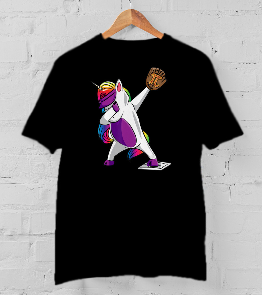 Pi Day Baseball Dabbing Unicorn Rainbow Glove T-Shirt