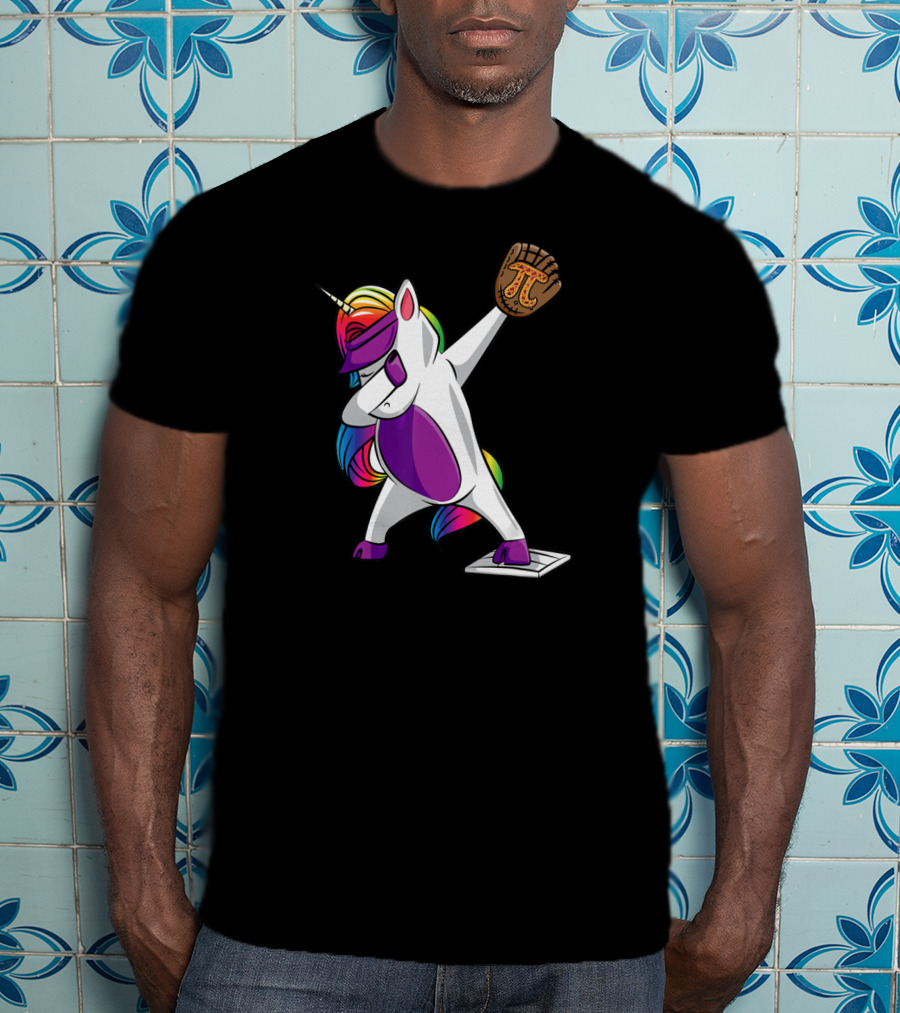 Pi Day Baseball Dabbing Unicorn Rainbow Glove T-Shirt