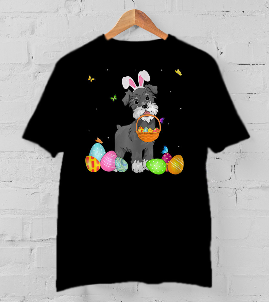 Bunny Schnauzer With Basket And Eggs Easter Day T-Shirt