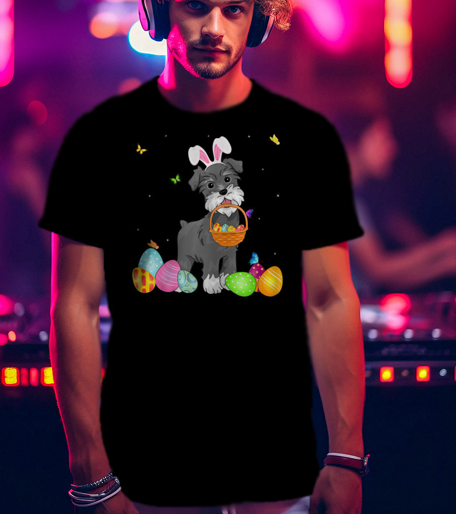 Bunny Schnauzer With Basket And Eggs Easter Day T-Shirt