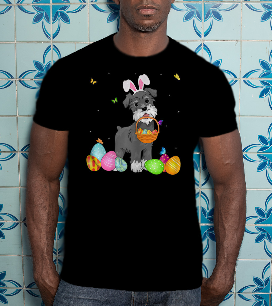 Bunny Schnauzer With Basket And Eggs Easter Day T-Shirt