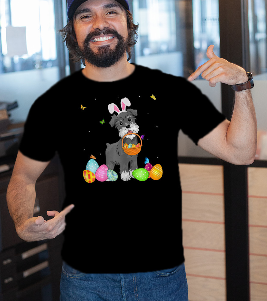 Bunny Schnauzer With Basket And Eggs Easter Day T-Shirt