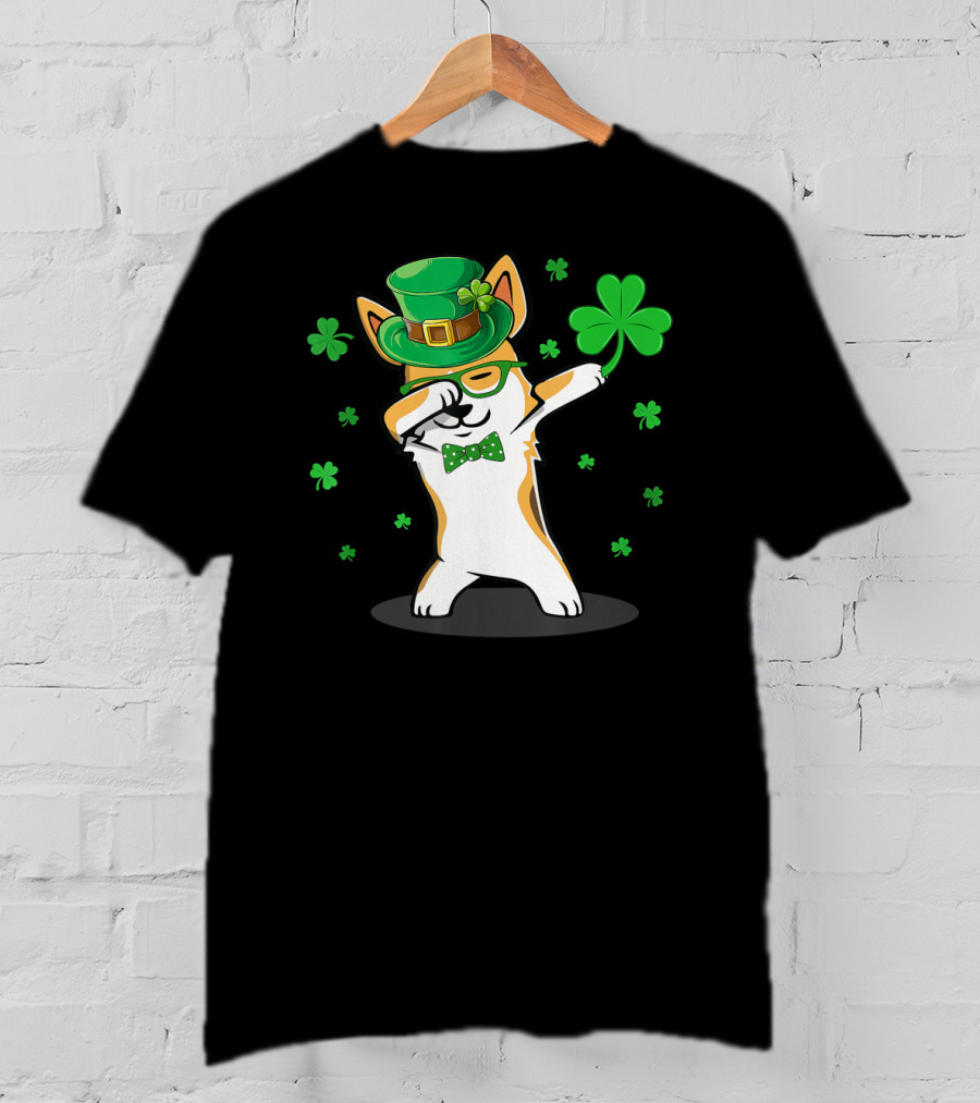 Dabbing Corgi With Shamrocks And Leprechaun Hat For St. Patrick's Day T-Shirt
