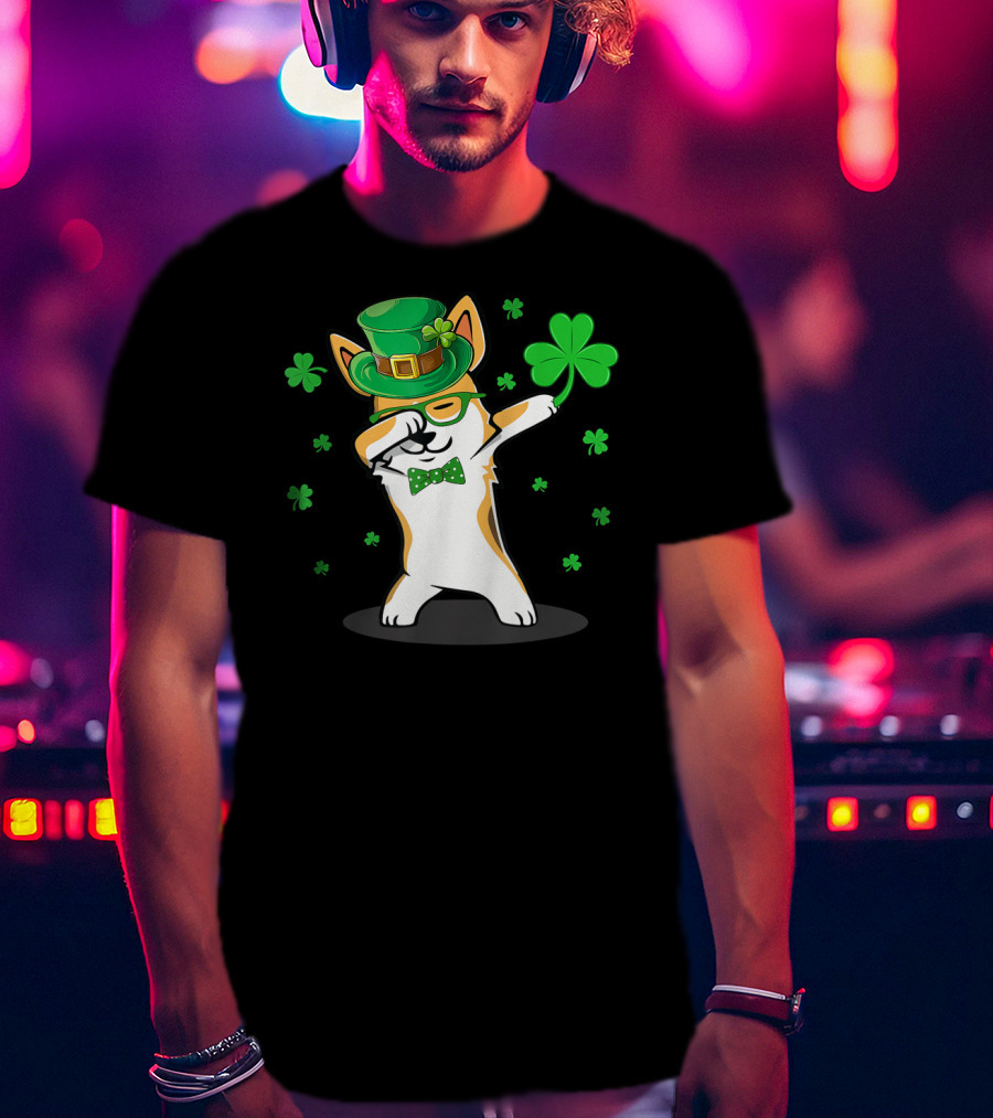Dabbing Corgi With Shamrocks And Leprechaun Hat For St. Patrick's Day T-Shirt
