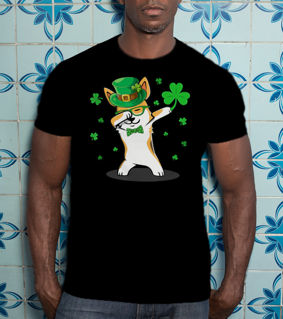 Dabbing Corgi With Shamrocks And Leprechaun Hat For St. Patrick's Day T-Shirt