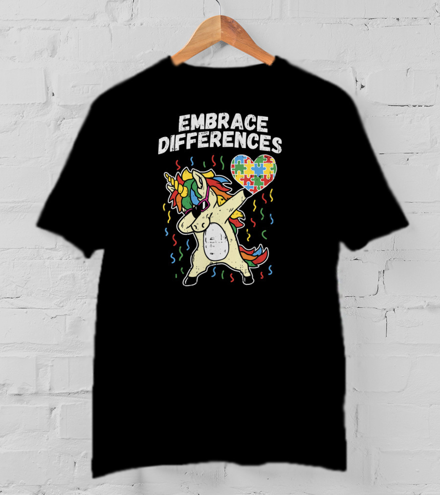 Embrace Differences Dabbing Unicorn Puzzle Heart Autism T-Shirt