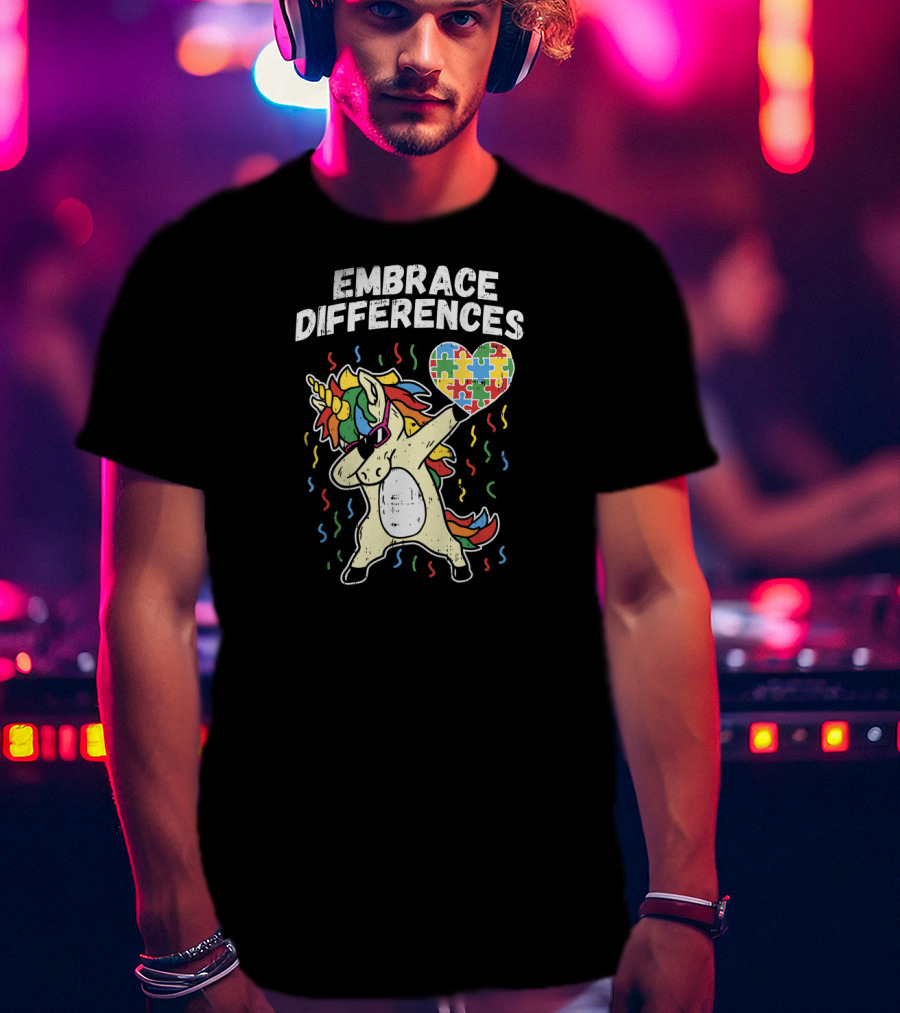Embrace Differences Dabbing Unicorn Puzzle Heart Autism T-Shirt