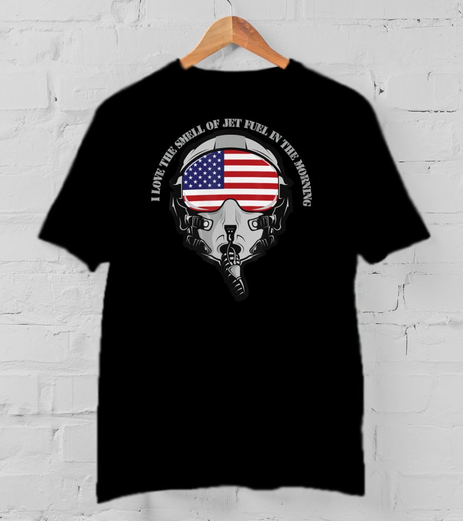 I Love The Smell Of Jet Fuel In The Morning Pilot Mask With American Flag Visor T-Shirt