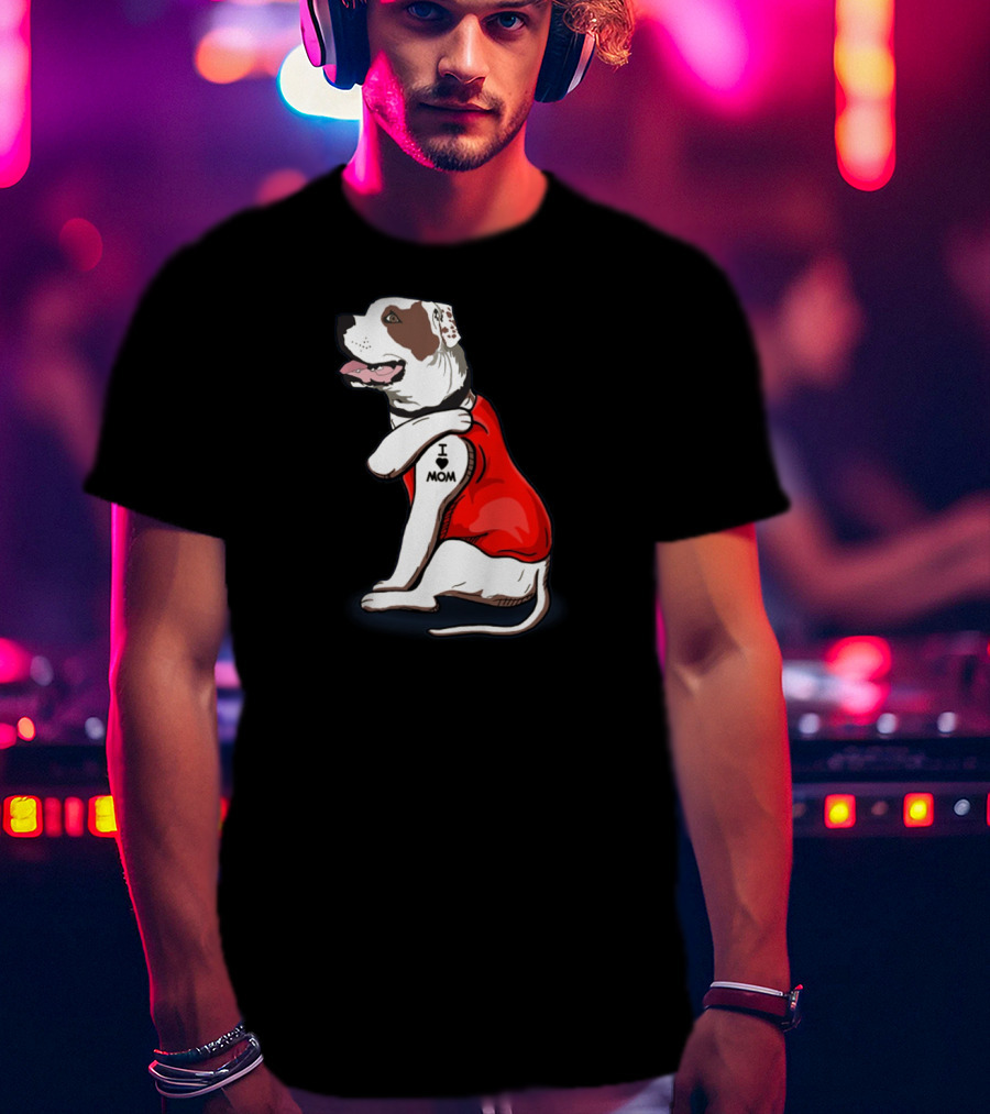 American Bulldog Wearing I Love Mom Tattoo Paw Sleeve T-Shirt
