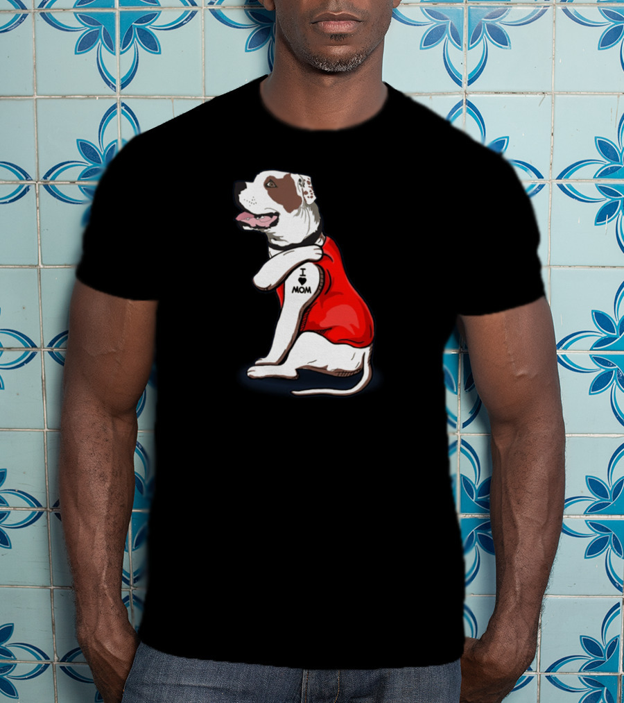 American Bulldog Wearing I Love Mom Tattoo Paw Sleeve T-Shirt