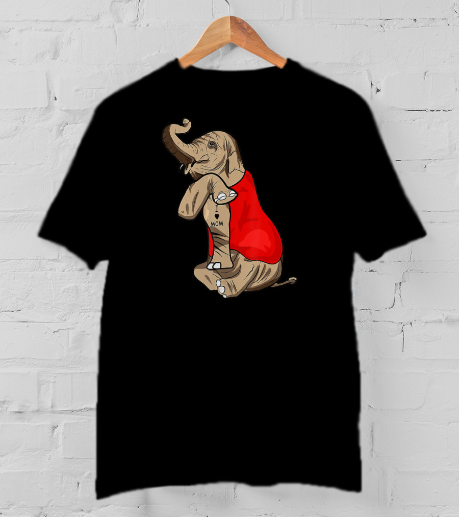 Elephant In Red I Love Mom Tattoos T-Shirt