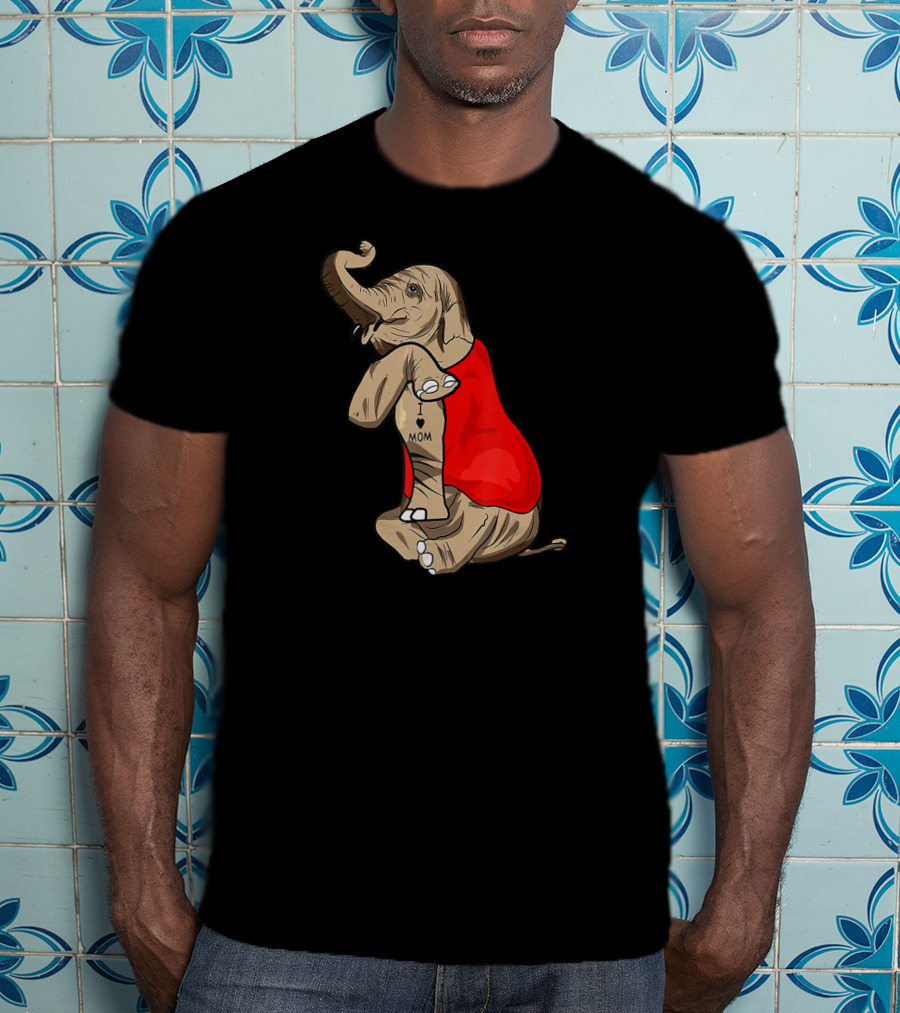 Elephant In Red I Love Mom Tattoos T-Shirt