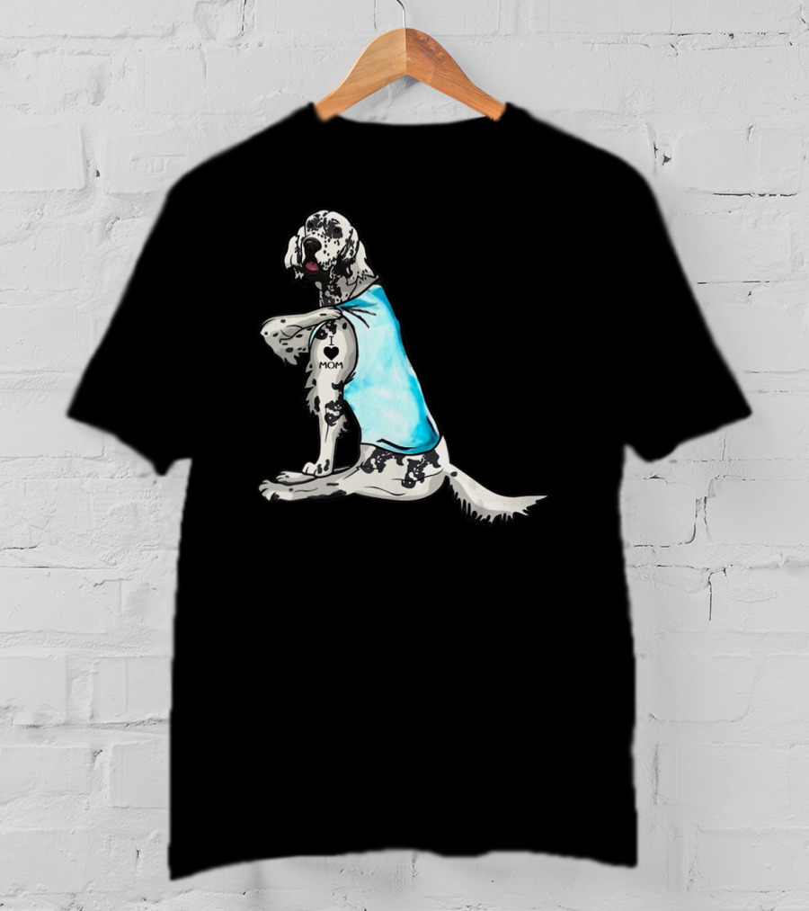 English Setter With I Love Mom Tattoo And Blue Bandana T-Shirt