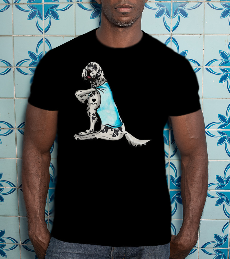 English Setter With I Love Mom Tattoo And Blue Bandana T-Shirt