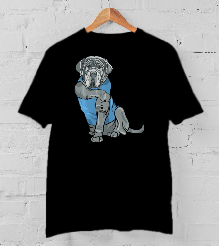 Neapolitan Mastiff I Love Mom Tattoo Dog Wearing Blue T-Shirt