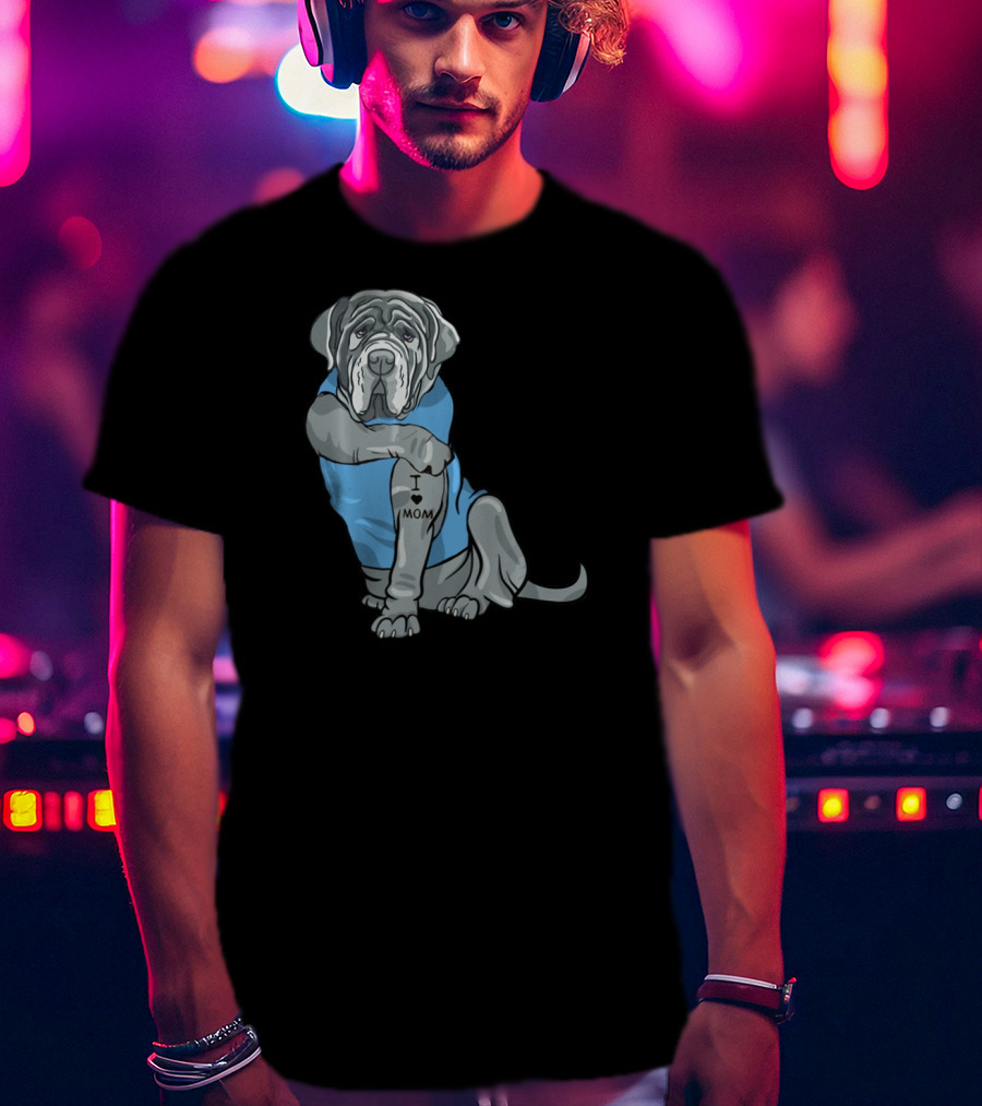 Neapolitan Mastiff I Love Mom Tattoo Dog Wearing Blue T-Shirt