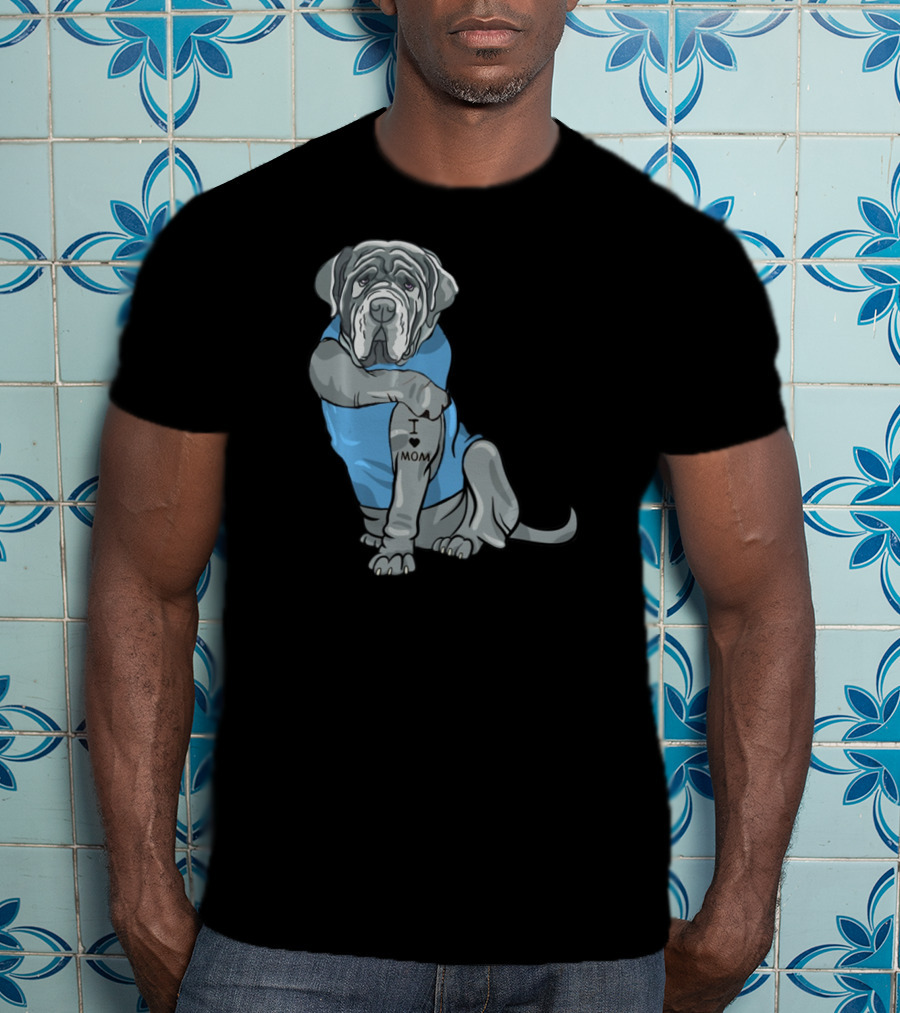 Neapolitan Mastiff I Love Mom Tattoo Dog Wearing Blue T-Shirt