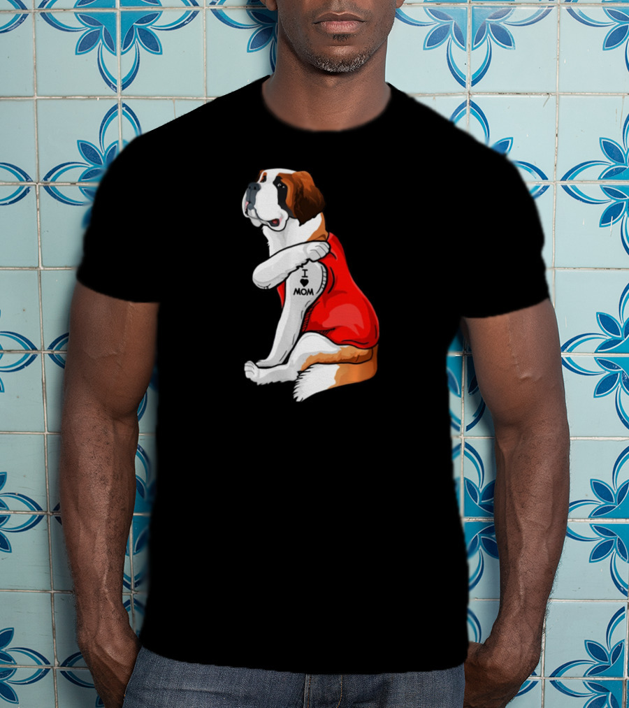 St Bernard Dog I Love Mom Tattoo Heart Red Top T-Shirt
