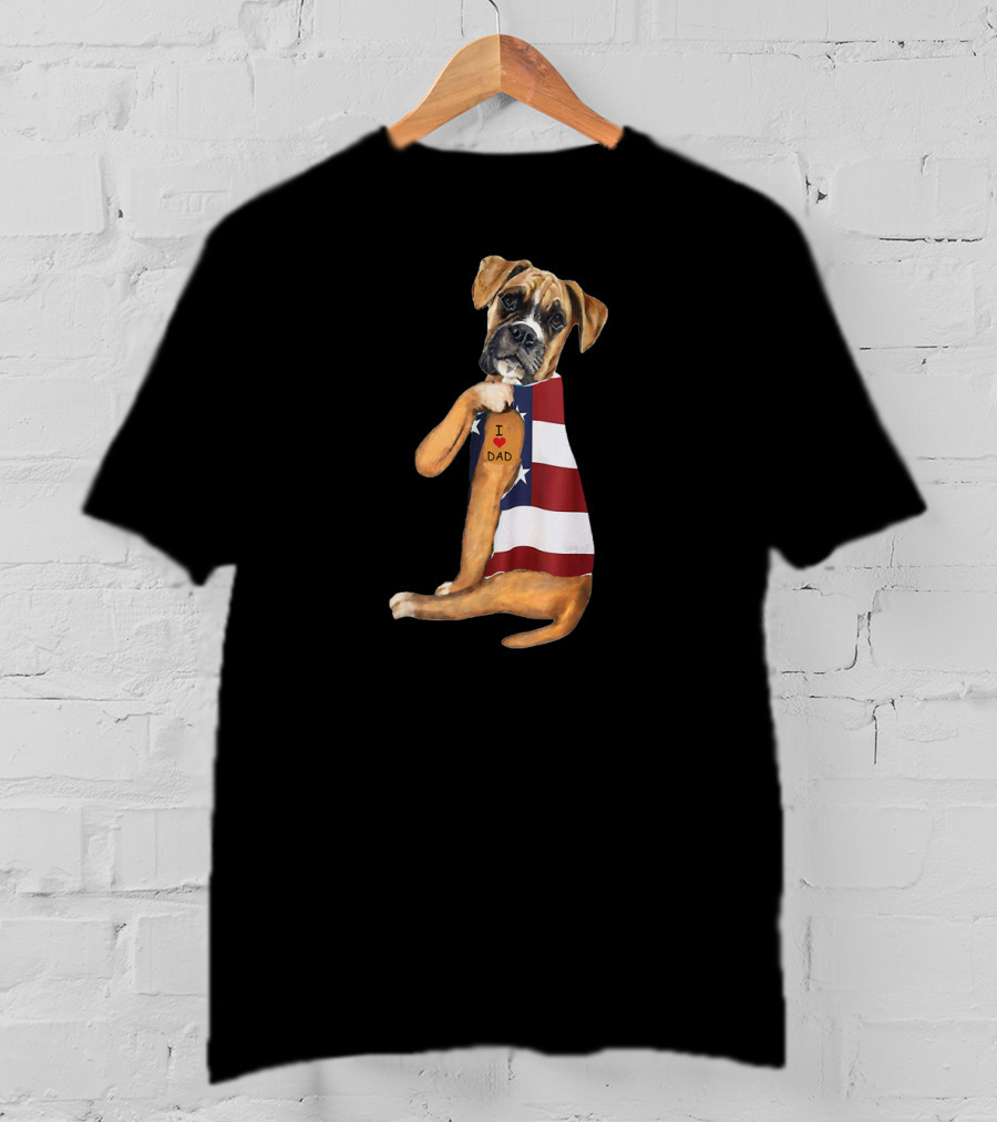 Boxer Dog I Love Dad American Flag T-Shirt