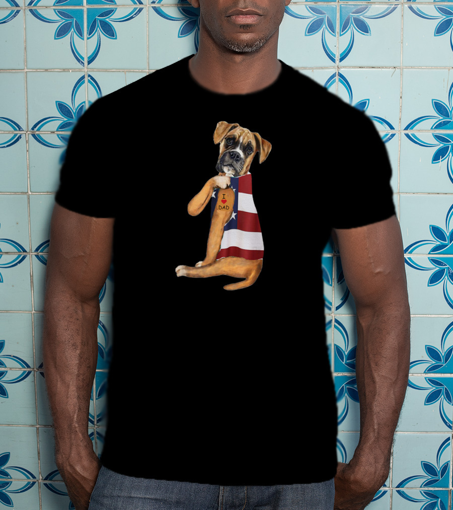 Boxer Dog I Love Dad American Flag T-Shirt