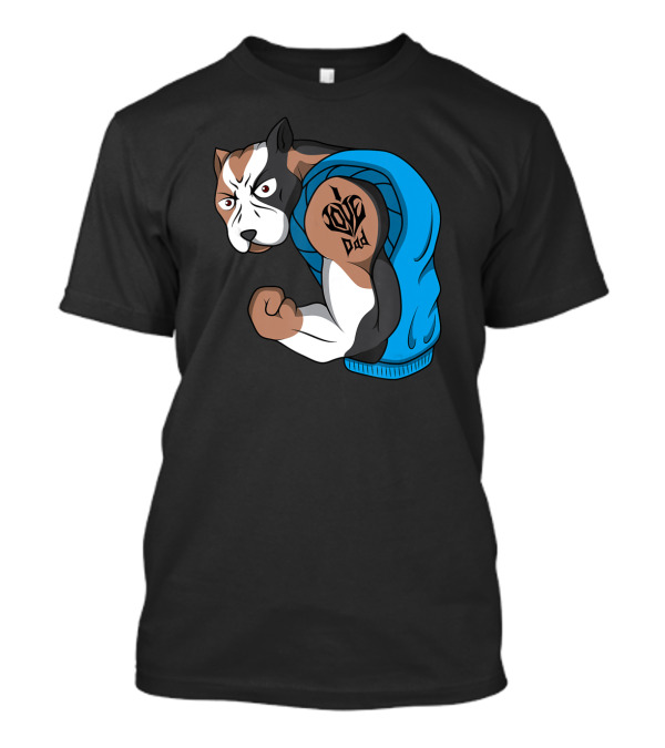 Funny Pit Bull Dog I Love Dad Tattoo Flexing Arm T-Shirt