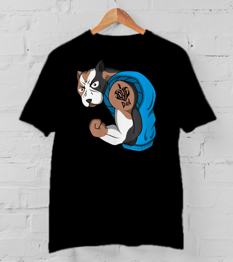 Funny Pit Bull Dog I Love Dad Tattoo Flexing Arm T-Shirt